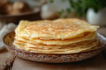 food photography, appetizing yogurt pancakes on a decorative plate, resting on a wooden table in a rustic kitchen setting