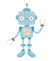 Cute children's robot toy waving and smiling. Friend.Cute cyborg, futuristic modern bot, android, smiling character.