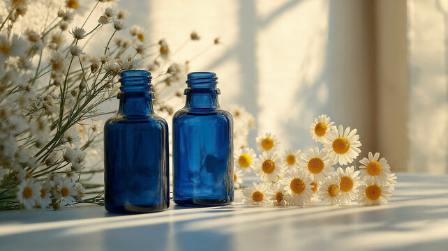 Two blue bottles of aromatherapy essential oil with fresh chamomile flowers on a table
