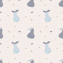 Cute pastel pattern in pears and dots. Blue pears on a beige background. Modern Scandinavian minimalism style.Cute colorful abstract pear fruit