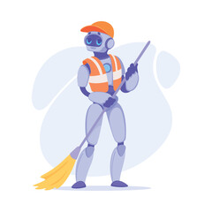 Robot with Broom Sweep Street as Smart Android Assistant Machine Vector Illustration