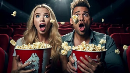 Lovely couple in cinema theater with flying popcorn surprise