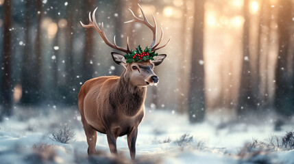 A majestic deer with antlers adorned by a vibrant Christmas wreath of holly, berries, and pinecones stands gracefully in a snowy forest with soft sunlight filtering through the tre