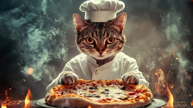 Cat chef presenting pizza with flames and smoke in a dramatic culinary scene