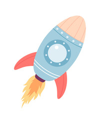 Toy rocket on a white background. Children's toy. Space object. Pastel colors.Flying cosmos shuttle, rocketship taking off with fire engine.