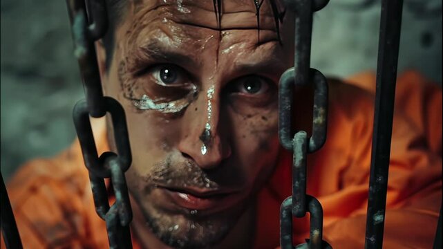 Intense prisoner behind bars focus intensifies in closeup sequence