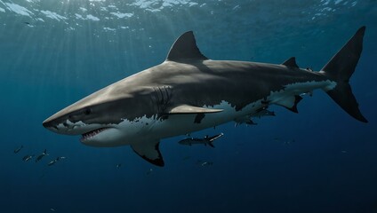 Fototapeta premium Diver swimming with a shark.