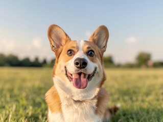 Happy corgi dog smiling in a grassy field.