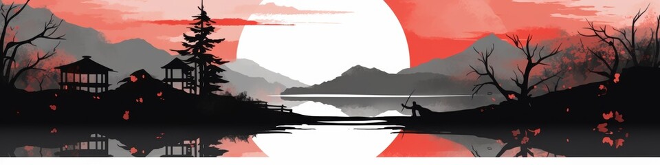 Fototapeta premium A serene landscape featuring a silhouetted fisherman by a tranquil lake at sunset.