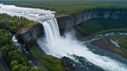 Fototapeta premium Waterfall is seen in the distance with a river flowing behind it