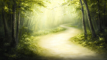 Naklejka premium Landscape background serene forest trail winding through tall trees with dappled sunlight