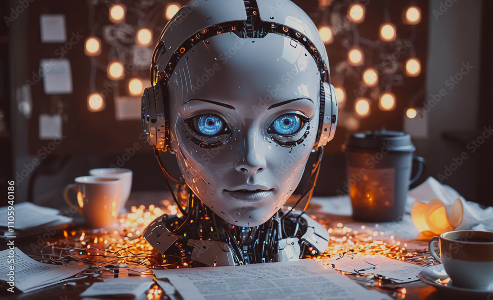 Poster Robot head is sitting on a table with a cup of coffee next to it. The robot has blue eyes and is wearing headphones