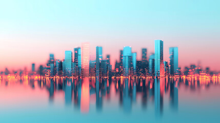 Cityscape background Futuristic city skyline with glowing lights reflecting on water