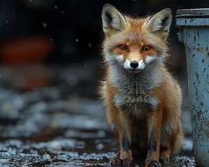 Obraz premium Malnourished Fox Scavenging for Food in Urban Trash Can Desperate Wildlife Concept