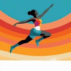 A dynamic Black female athlete leaps gracefully against a vibrant striped background.