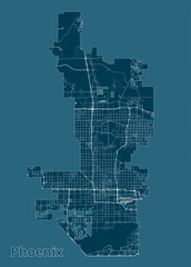 The image depicts a detailed map of Phoenix, Arizona, rendered in a minimalist style. The city's streets and roads are represented by a network of thin white lines.