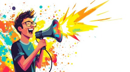 Enthusiastic Man Holding Microphone in Vibrant