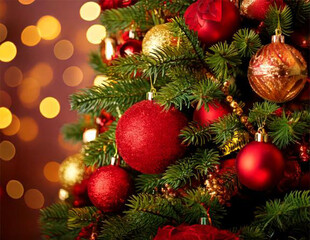 Obraz premium Background from a Christmas tree decorated in red and gold color close-up.