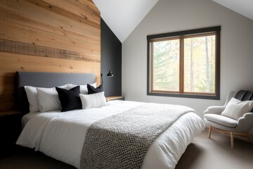 Fototapeta premium rustic bedroom style, rustic-modern bedroom with reclaimed wood, comfy armchair by the window, and cozy woven blankets for added warmth