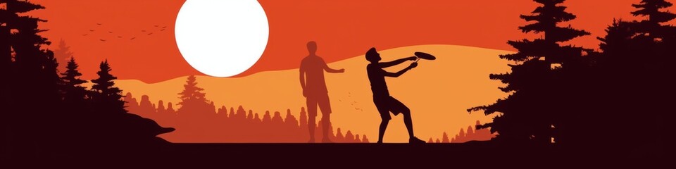 Silhouetted men enjoying a frisbee game at sunset, surrounded by trees and mountains.