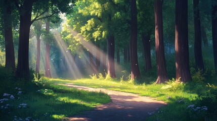Obraz premium Sunlit Forest Path: A Serene Digital Painting
