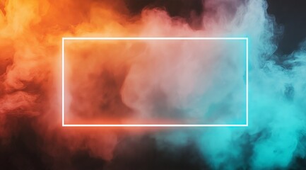 A rectangular neon wide frame on a dark background, surrounded by colorful smoke. Background with place for text
