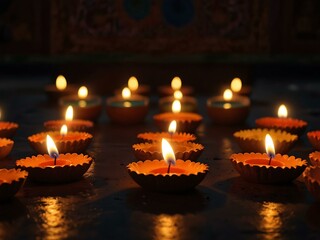 Diwali night scene with illuminated clay diyas arranged symmetrically.
