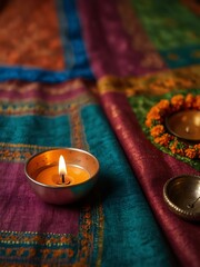 Diwali oil lamps on colorful fabric.