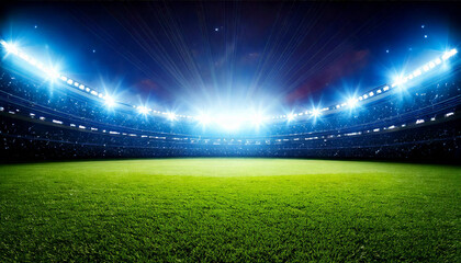 Bright lights illuminating a lush green soccer field in a stadium at night, creating an exciting atmosphere