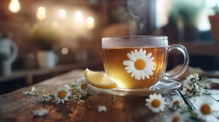Warm Chamomile Tea with Lemon Slice on Rustic Wooden Table