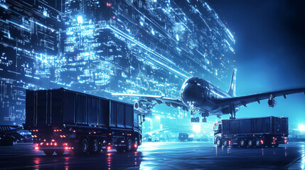 Futuristic logistics hub featuring advanced cargo transport vehicles and glowing digital landscapes