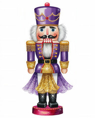 A colorful nutcracker soldier dressed in purple and gold, adorned with festive decorations, perfect for holiday decor and celebrations.