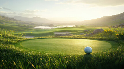 The golf ball is on a green lawn in a beautiful golf course with morning sunshine.