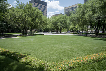 Lush green city park lawn bordered by vibrant flowers, modern skyscrapers in background. Perfect for relaxation, urban nature, tranquility.
