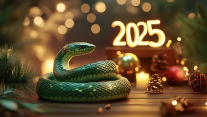 Fototapeta premium Green snake with golden numbers 2025 on the background of New Year decorations, bokeh lights. 2025 - Year of the Green Wooden Snake according to the Chinese calendar