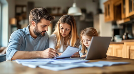 Family discussing insurance options at home with documents and laptop
