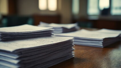 Documents and papers on an office desk, blurred backdrop.