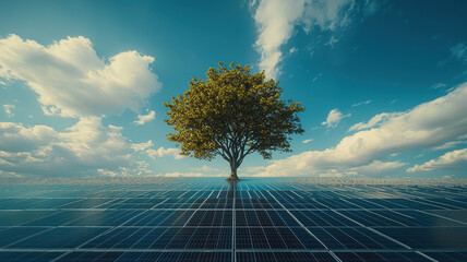 tree growing amidst solar panels symbolizes harmony between nature and technology, showcasing sustainability and environmental awareness in serene landscape