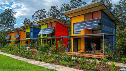 Fototapeta premium Vibrant community of colorful eco friendly houses with solar panels, surrounded by lush gardens and greenery, showcasing sustainable living