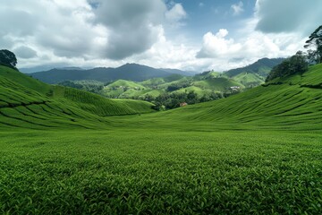 Obraz premium High-altitude drone shot capturing the geometric patterns of terraced agricultural fields. AI generated.. Beautiful simple AI generated image