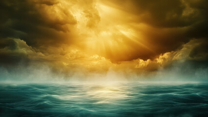 stunning seascape featuring turbulent waves under dramatic sky with golden rays of sunlight piercing through dark clouds, creating captivating atmosphere