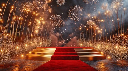 Elegant 3D Podium with Luxurious Red Carpet and Golden Fireworks Display