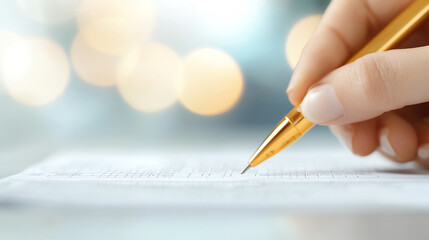 hand holding gold pen writing on document with blurred background. scene conveys focus and attention to detail