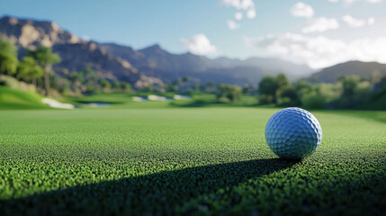 The golf ball is on a green lawn in a beautiful golf course with morning sunshine.