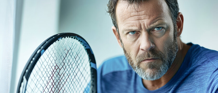 Middle-aged man focused on tennis racket in dynamic sports setting capturing determination and expertise