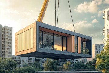 Modern modular house being lifted by a crane in an urban setting with contemporary architecture on a sunny summer day