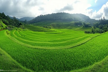Obraz premium High-altitude drone shot capturing the geometric patterns of terraced agricultural fields. AI generated.. Beautiful simple AI generated image