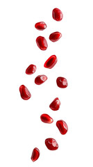 Falling pomegranate seeds on a transparent background