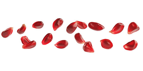 Pomegranate seeds floating on transparent background