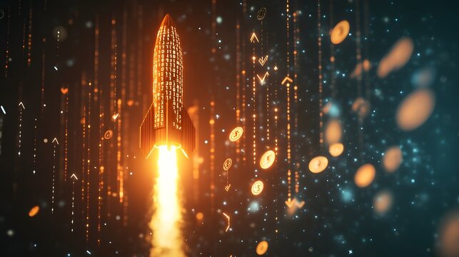 Crypto rocket launching into digital space.